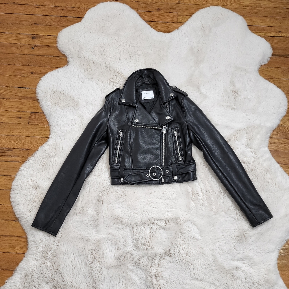 Bershka Black Leather Cropped Jacket